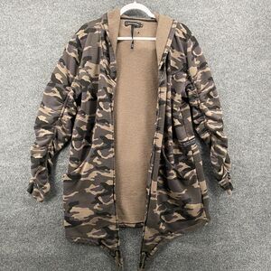 ASHES TO DVST Cardigan Womens XL Brown Camo Open Front Hooded Grunge 90s Causal
